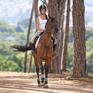 Keep calm and go horse riding. A beautiful young woman smiling while riding her chestnut horse